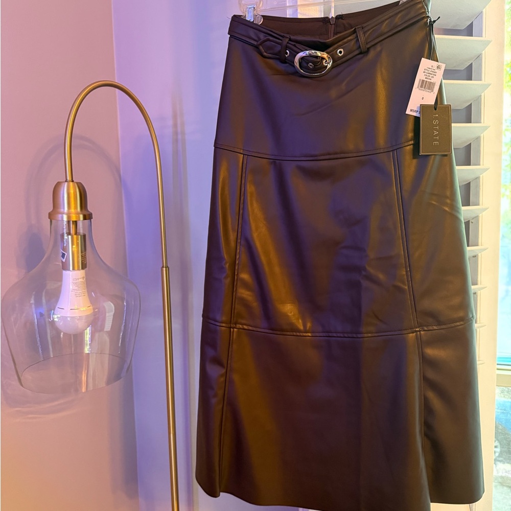 NWT | Faux Leather A-Line Skirt with Belt - Brown | Sz 0
